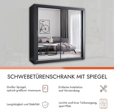 Шафа з дзеркалом - Шафа з розсувними дверима - Шафа для спальні - 64 x 203 x 215 см - Шафа для вітальні - Вішалка для одягу, Шафа з двома дверима, Сучасна 200 см Чорного кольору