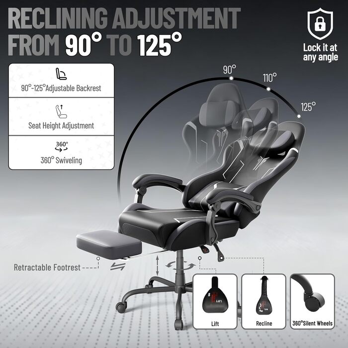 Ергономічне ігрове крісло зі штучної шкіри з функцією масажу, ігрове крісло з висувною підставкою для ніг, зручне офісне крісло/комп&39ютерне крісло з вантажопідйомністю 135 кг для домашнього офісу, чорно-біле.