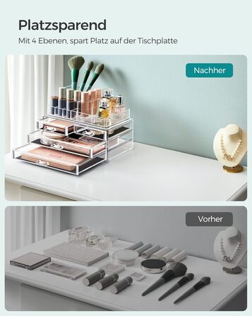 Органайзер для макіяжу SONGMICS, косметичний органайзер з 4 шухлядами та 11 відділеннями різних розмірів, нековзні вставки, для макіяжу та ювелірних виробів, прозорий JKA001TP