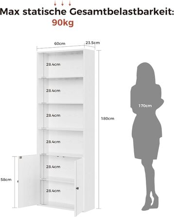 Книжкова шафа IRONCK з дверцятами, 6-ярусна полиця, висота 180 см, дерев&39яна окремостояча полиця, відкрита полиця для зберігання речей для кабінету, офісу, вітальні, спальні (біла)