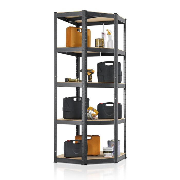 Кутова полиця для зберігання Juskys, базова, 180 x 70 x 40-70 см (В x Ш x Г) - 875 кг - 5 полиць - Оцинкований метал - Надміцний стелаж безболтовий, підвальний, сірий