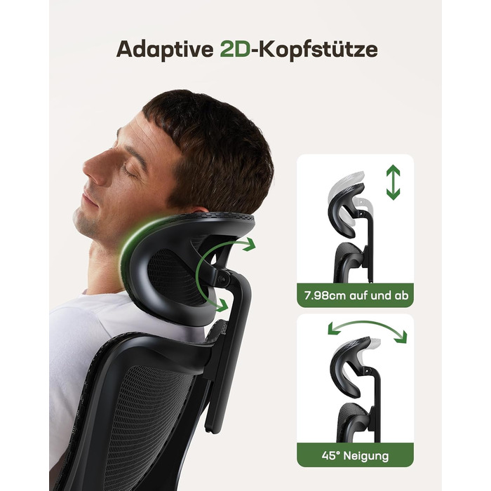 Ергономічне офісне крісло Marsail з високою сітчастою спинкою, адаптивною поперековою опорою, 2D-підголівником, 3D-складними підлокітниками, регулюванням висоти та нахилу, чорне, колір сажі