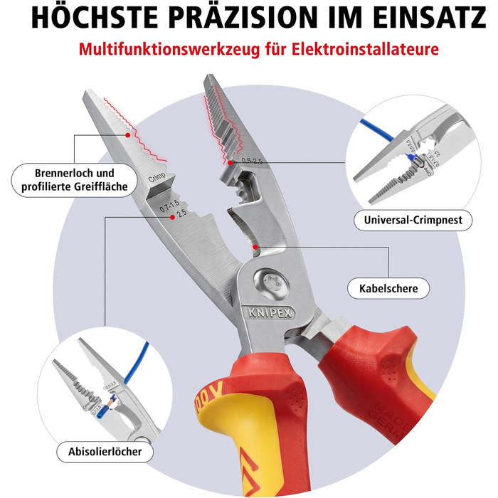 Кніпекс (KNIPEX) плоскогубці для електромонтажу VDE, 200 мм, 13 86 200 SB