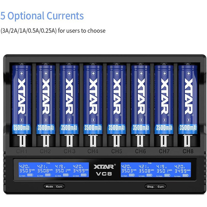 Швидкий зарядний пристрій XTAR VC8 3A USB з 8 відсіками, зарядний пристрій 21700 для акумуляторних батарей IMR 10440 16340 18650 26650 AAA AA C 5 Додатковий струм Заряджає 8 x 21700 Одночасно
