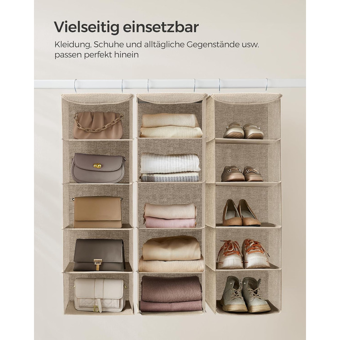 Підвісний органайзер SONGMICS, набір з 2 шт. , органайзер для шафи, підвісна полиця, підвісне місце для зберігання, складаний та компактний, металеві гачки та бамбукові вставки, текстура, що нагадує лляну тканину, пісочно-бежевий RCH005Y02 Пісочно-бежевий