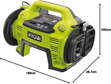 Компресор Ryobi 18 В (повітряний компресор без акумулятора та зарядного пристрою, цифровий індикатор тиску, в комплекті шланги та