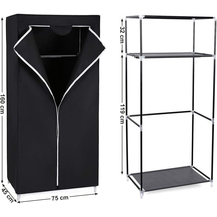 Шафа, Тканинна шафа, Складана шафа з рейкою для одягу, Вішалка для одягу, Місце для зберігання сумок, іграшок, взуття, Спальня, Гардеробна, 75 x 45 x 160 см, Чорний RYG83H