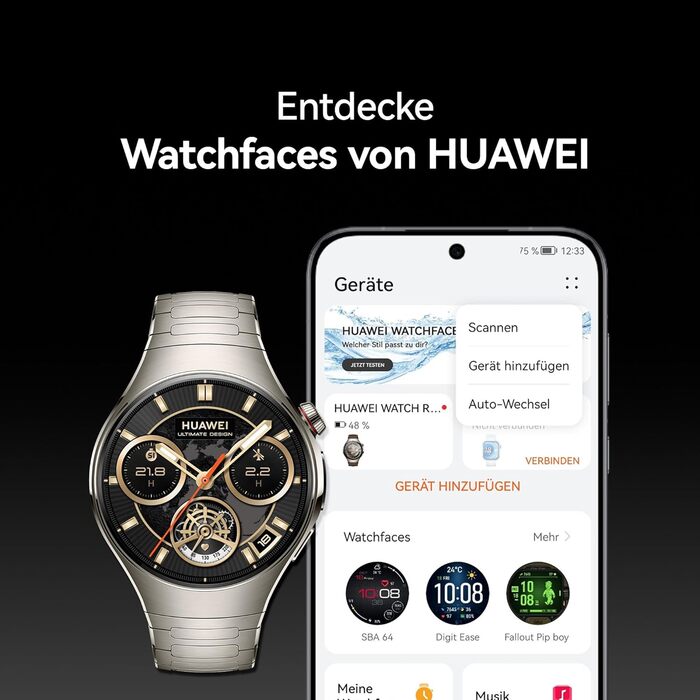 Розумний годинник HUAWEI Watch 5, Health Glance, водонепроникність 5 атм, GPS, SpO2 на кінчику пальця, сумісний з Android та iOS, сапфірове скло, гарантія 30 місяців, 46 мм, чорний, автономний годинник WATCH 5 46 мм, чорний фтореластомерний ремінець