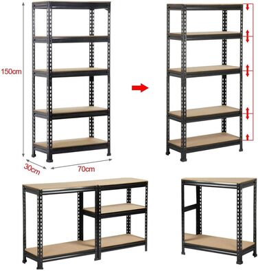 Полиця для зберігання Yaheetech 150 x 70 x 30 см, міцна, безболтова, 5 МДФ стелажів, стелаж для підвалу, стелаж для майстерні, вантажопідйомність 150 кг на полицю, чорний колір, 70x30x150 см