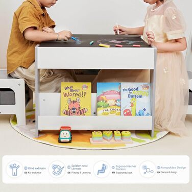 Дитячий стіл Yorbay з 2 стільцями, дерев&39яний дитячий комплект меблів з місцем для зберігання та книжковими полицями, стіл для малювання 3 в 1, стіл для активності та стіл для гри в клас, дитяча кімната, ігрова кімната, для дошкільнят (сірий)