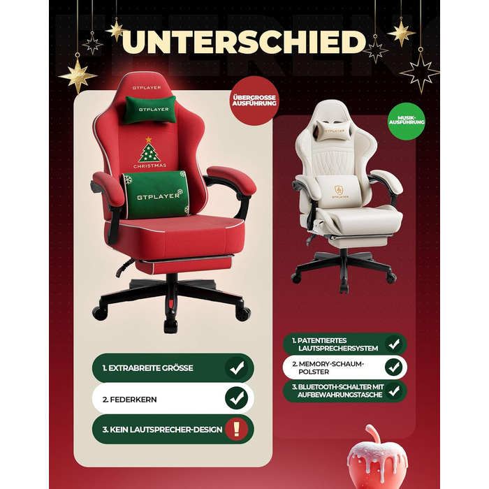 Ігрове крісло GTPLAYER з різдвяним мотивом, ігрове крісло з підставкою для ніг, надзвичайно широке сидіння, з пір&39яною подушкою, вантажопідйомність 150 кг для великих та сильних людей Оксамит