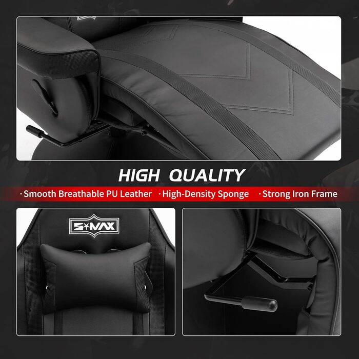 Ігрове крісло S*MAX з підставкою для ніг, ігрове крісло з високою спинкою та регульованою спинкою, підсклянник, бічна кишеня, ігрові крісла для дорослих, чорне, XL