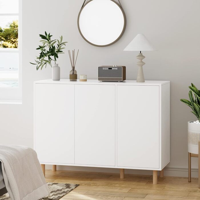 Комод FirFurd, сервант, біла кухонна шафа з 3 дверцятами, дизайн без ручок, регульовані полиці, 107x40x80 см (ШxГxВ)