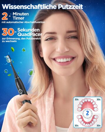 Електрична зубна щітка з 8 насадками (3 типи), звукова зубна щітка для дорослих, з таймером, до 120 днів роботи від акумулятора, 5 режимів чищення, дорожній футляр, настільна зарядна станція, колір чорний