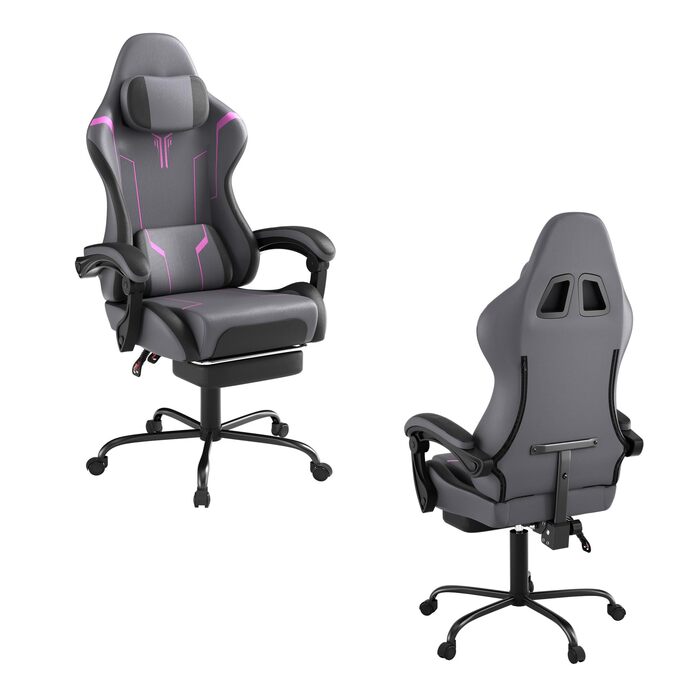 Ергономічне ігрове крісло UISEBRT з масажем та підставкою для ніг, зручне ігрове крісло, регульована спинка, підголівник та масажна поперекова подушка - сірий, чорний та фіолетовий