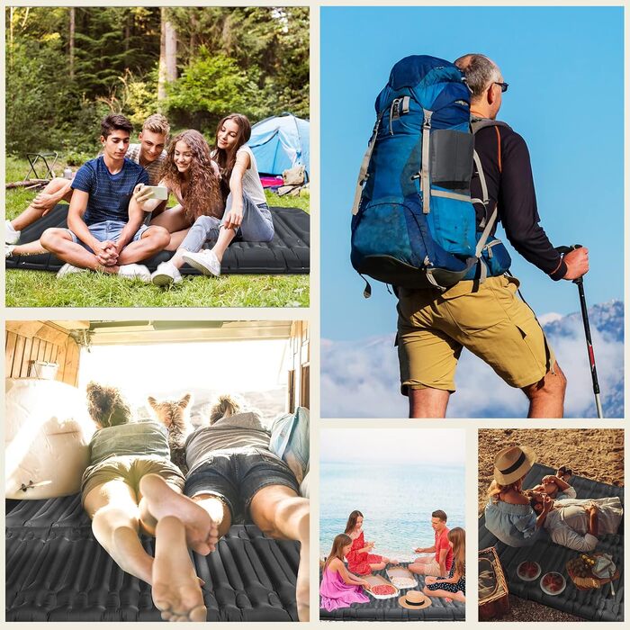 Килимок для сну для кемпінгу з ножним насосом, покращений потовщений килимок для сну на відкритому повітрі з подушкою для походів, наметів, активного відпочинку, пляжу, трекінгу, подорожей, темно-синій