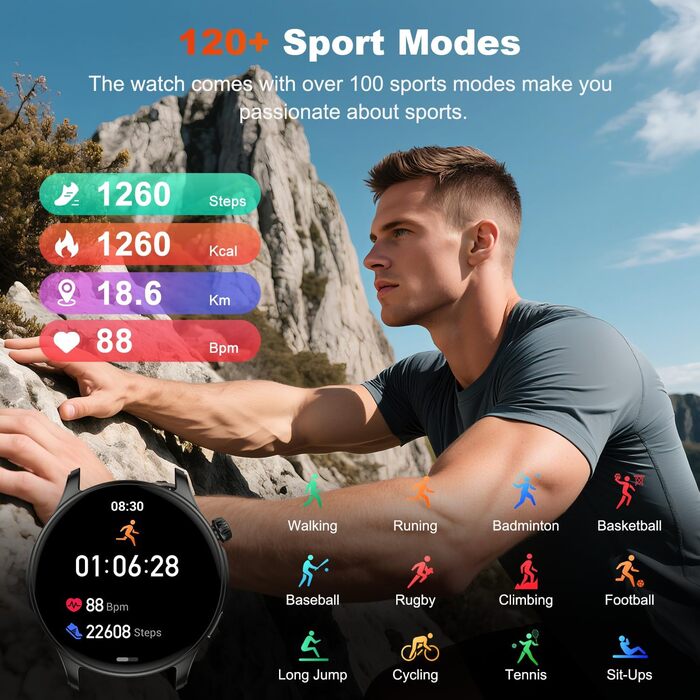Розумний годинник для чоловіків та жінок з функцією телефону функція Bluetooth-дзвінків, водонепроникний фітнес-трекер, розумний годинник з пульсометром, монітор сну, крокомір, спортивний годинник, Android/iOS, чорний