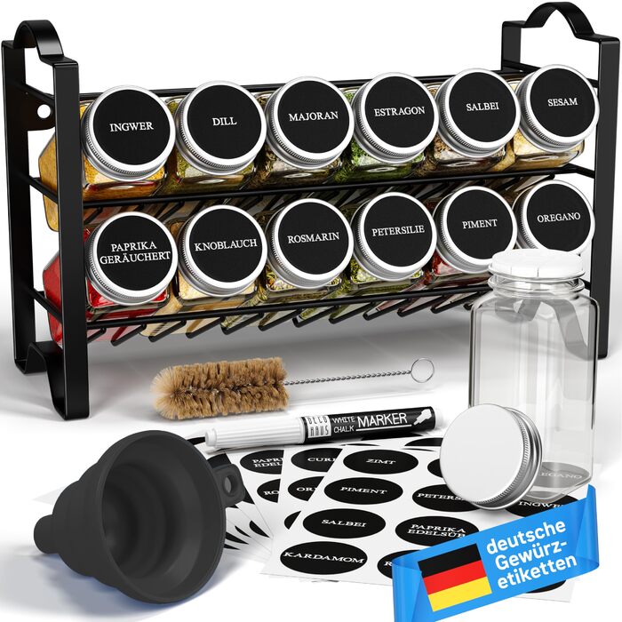 Підставка для спецій Deco haus, настінна та настінна З БАНКАМИ ДЛЯ СПЕЦІЙ ТА ЕТИКЕТКАМИ - Органайзер для спецій - Підставка для спецій, Підвісна система зберігання спецій, Банки для спецій з полицею, Чорний - Набір з 12 предметів