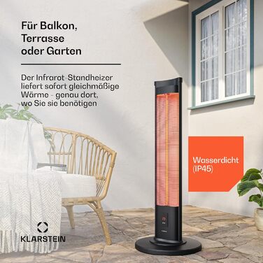 Інфрачервоний обігрівач Klarstein BlazeTower, окремостоячий пристрій - 2000 Вт, 3 режими нагріву, IP45, захист від перекидання, таймер, пульт дистанційного керування та сенсорний екран, тихий, портативний, для використання на вулиці