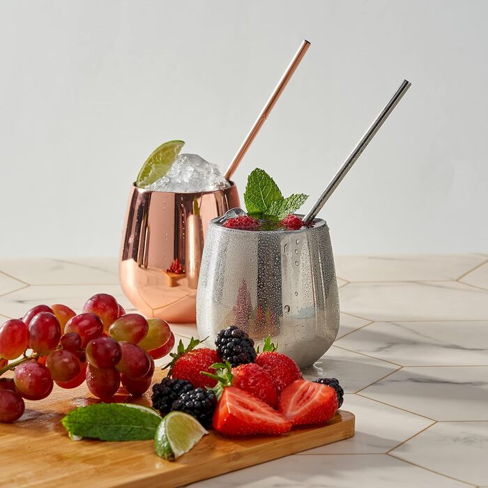 Келихи для червоного вина з нержавіючої сталі без ніжки, 4 металеві соломинки та 2 щітки для чищення, 350 мл - міцні та небиткі -