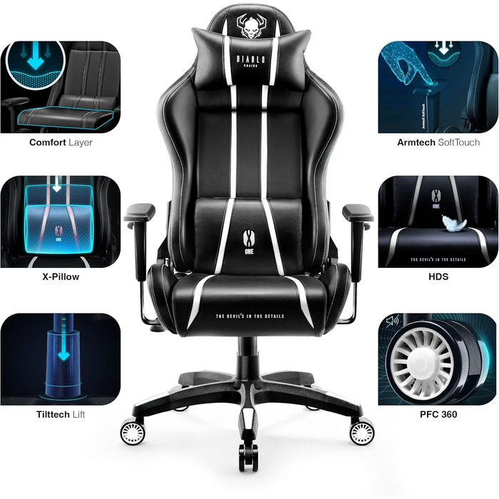 Геймерське крісло Diablo X-One 2.0, Геймерське крісло, Офісне крісло, Настільне крісло, Регульовані підлокітники, Ергономічний дизайн, Подушка для шиї/попереку, Функція гойдання, Чорний/Білий, Стандартний (L)