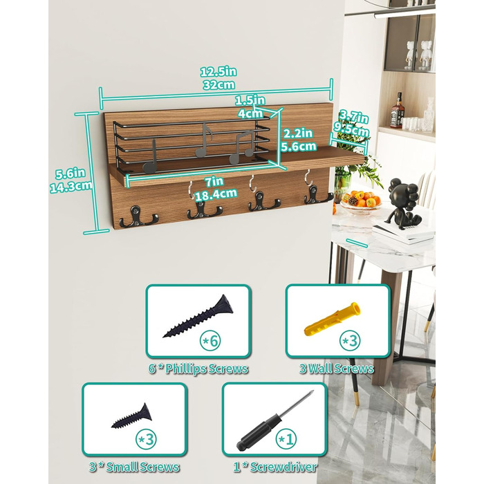 Ключниця HapiRm з декоративною огорожею для нотаток, дошка для ключів з полицею та гачком для ключів, дерев'яна дошка для ключів п