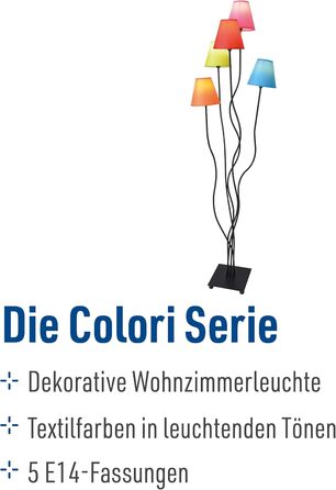 Торшер 5-полум'яний Colori, торшер з кольоровими текстильними плафонами - Для їдальні, вітальні, передпокою або офісу - 156 см