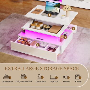Журнальний столик з регульованою висотою, глянцевий стіл для вітальні з підйомною стільницею, сучасний журнальний столик для вітальні з 16-кольоровим світлодіодним освітленням та 2 шухлядами, білий, повний підйом