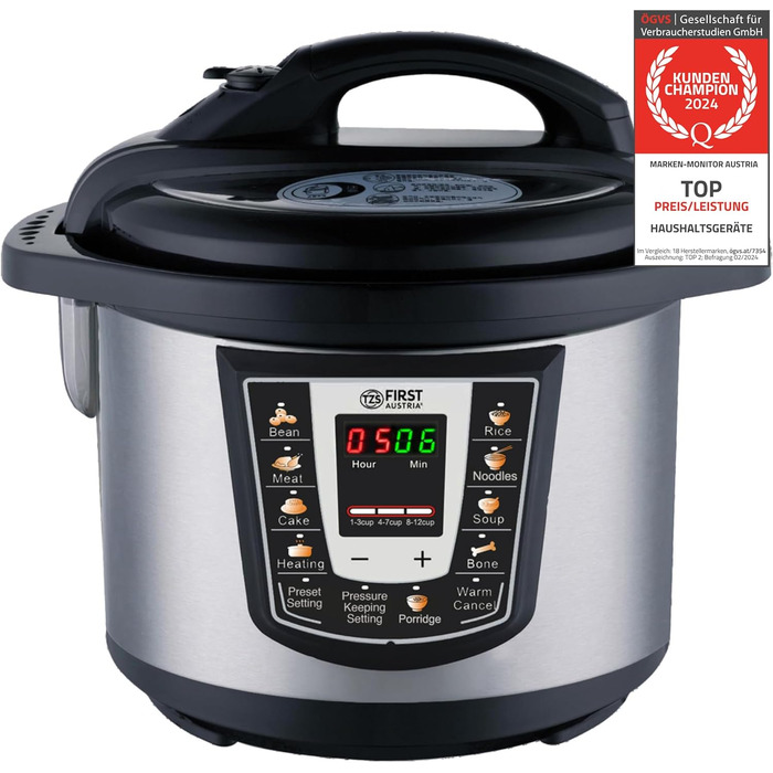 Електрична скороварка TZS First Austria 6л Мультиварка 9 програм скороварки Рисоварка Функція збереження тепла, відпарювач з нержавіючої сталі/чорного кольору