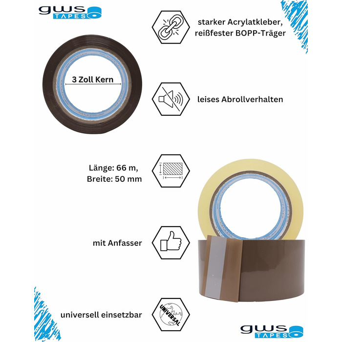 Стрічка для посилок GWS Малошумна універсальна клейка стрічка для пакування пакетів Висока адгезійна міцність, професійна якість 66 м довжина 50 мм ширина (безбарвний, 2376)