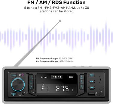 Автомобільна стереосистема Bluetooth 5.0, Avylet RDS/FM/AM/7 кольорів 1 автомобільна стереосистема Din із Bluetooth гучного зв'язку, 2 USB/AUX-IN/MP3/SD, 30 станцій