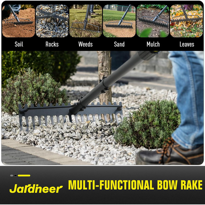 Гребінь садовий Jardineer, 150 см, металевий довгоручний граблі для щебеню, каменів, листя, вирівнювання ґрунту, ландшафтного дизайну, з 18 сталевими зубцями