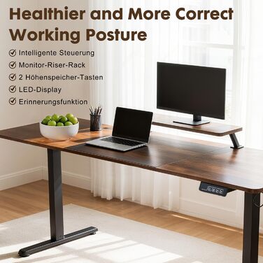 Стіл з регульованою висотою 120 x 60 см, Електричний стіл з регульованою висотою, Ігровий стіл з підставкою для монітора, Стіл для роботи стоячи, Регульований комп&39ютерний стіл, Коричневий