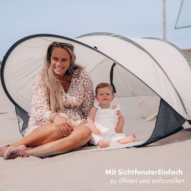 Портативний розкладний пляжний намет Deryan XXL - Пляжний намет для дорослих, дітей та немовлят - 2-4 особи - Двері на блискавці, захист від ультрафіолету 50, вітрозахисний екран та кілочки - Портативний розкладний намет - Кремовий