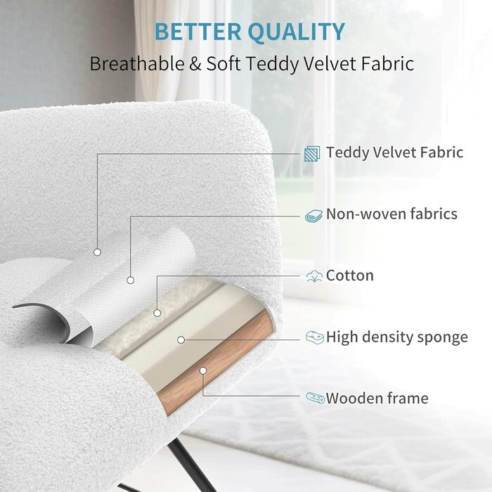 Крісло-гойдалка Clevich для вітальні, крісло-гойдалка з оббивкою з плюшевого тканини, дерев&39яними полозками та металевими ніжками, для вітальні, дитячої кімнати, спальні, вантажопідйомність до 136 кг, білий колір