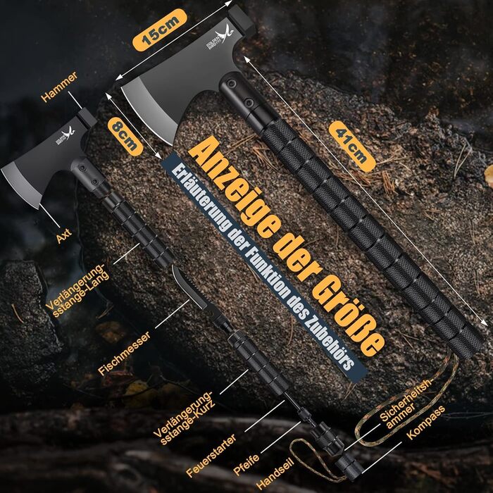 Золотий Птах Axt Survival 9-в-1 Набір для виживання та кемпінгу, гострий туристичний сокира-мультитул з молотком, піхвами, свистком та компасом (41 см)