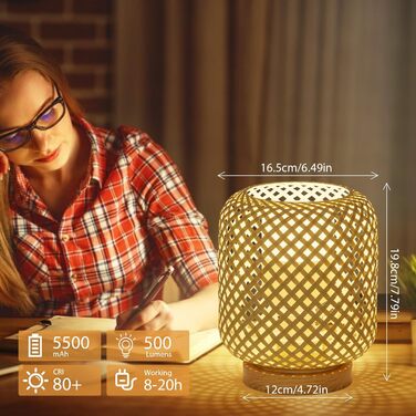 Настільна лампа Klighten з 2 предметів Ротанг з можливістю затемнення в інтер'єрі з натурального бамбука та дерева з акумуляторною