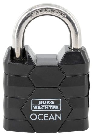 Замок навісний BURG-WCHTER Ocean 490 Ni 40 SB, з 2 ключами, загартований, стійкий до морської води, корпус з масивного латуну, подвійне замикання, чорний колір, товщина дужки 6,3 мм