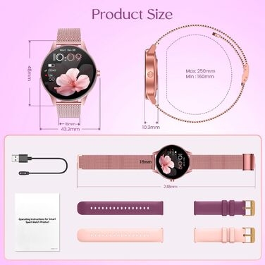 Жіночий смарт-годинник із функцією Bluetooth для телефону, спортивний годинник 1,27-дюймовий HD-сенсорний смарт-годинник із монітором серцевого ритму, монітором менструального циклу, монітором сну, понад 100 спортивних режимів, водонепроникний IP68, фітне