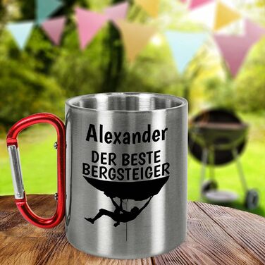 Персоналізована кружка з нержавіючої сталі з карабіном, приблизно 330 мл, подарунок для альпіністів, любителів гір, чоловіків та жінок - металева кружка з назвою - для кемпінгу на природі (Найкращий альпініст, червона ручка)