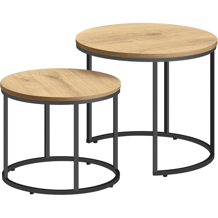 Набір журнальних столиків Home Collective із 2 шт. , круглі приставні столики, дизайн лофт, вбудований дизайн 2-в-1, стійка до подряпин поверхня, вітальня ширина 53 см та 43 см, дуб із чорними ніжками, дуб/чорний, круглий