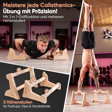 Ручки AS Calisthenics 3-в-1 - Паралети з регулюванням висоти для віджимань, підйомів та стійки на руках Нековзні та ергономічні грифи для віджимань з високоякісної деревини Ідеально підходить для домашнього спортзалу та тренувань на свіжому повітрі