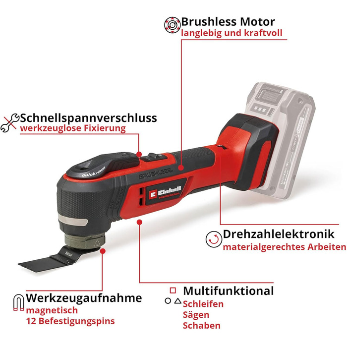 Професійний акумуляторний мультиінструмент Einhell TP-MG 18 Li BL-Solo PXC (18 В, антивібраційний, безщітковий, 3 функції, магнітне кріплення, вкл. аксесуари, без акумулятора) без акумулятора та зарядного пристрою