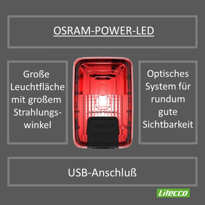 Світлодіодний задній ліхтар на батарейках зі стоп-сигналом Litecco LightGuard інтелектуальний задній ліхтар з батарейками, USB, червоний