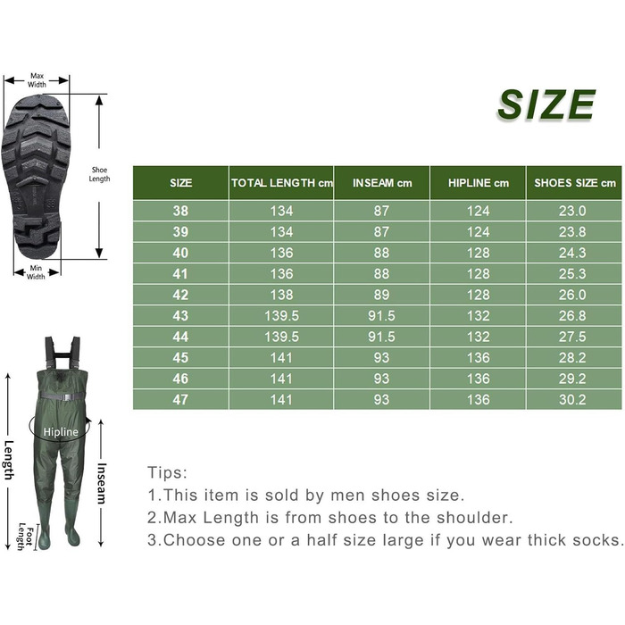 Вейдерси Croch для чоловіків та жінок, рибальські штани, водонепроникні ПВХ-нейлонові з гумовими вейдерсами, розміри 38-47, ідеальні вейдерси та рибальські штани, зелені, розмір 47