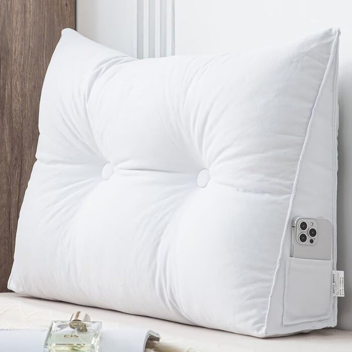 Універсальна затишна подушка для спини, подушка для читання для ліжка та дивана, 80x50x20 см біла клиноподібна подушка, трикутна поперекова подушка зі знімним чохлом, який можна прати, практична бічна кишеня біла 80x50x20 см