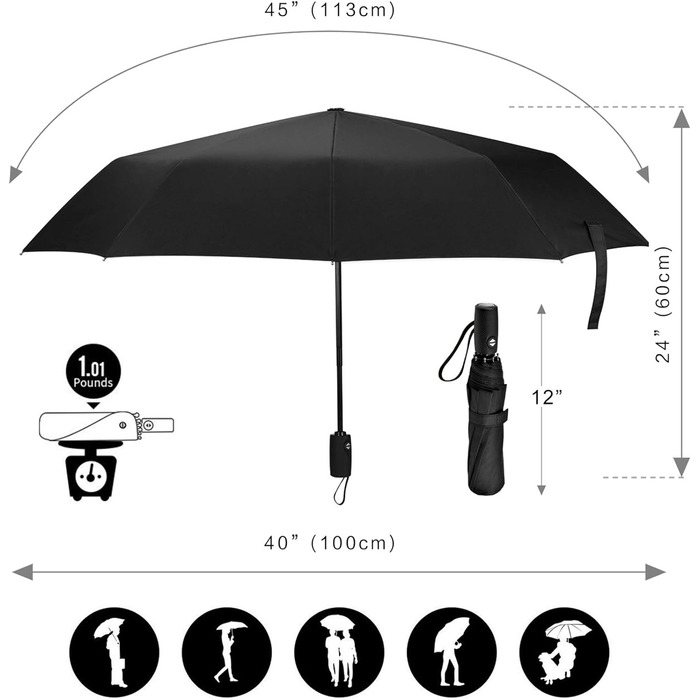 Парасолька AMVUZ Штормозахисна дорожня вітрозахисна автоматична складна парасолька з відкритим закриттям, парасолька з тефлоновим покриттям 210T чорна