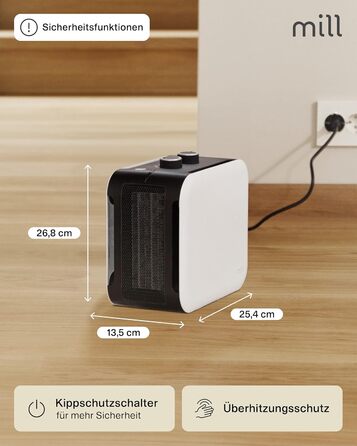 Керамічний вентилятор-обігрівач Mill, маленький та тихий, 1800 Вт, портативний обігрівач для приміщень площею 5-30 м, електричний обігрівач, електричне опалення, електричний обігрівач, пристрої для опалення приміщень, електричний радіатор - білий, 5-30 м