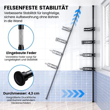 Телескопічна полиця для душу FINIBO, не потребує свердління, телескопічна полиця для душу у ванній кімнаті з 4 кутовими полицями, регульована телескопічна полиця для ванни 43,5-120 дюймів, телескопічна полиця для ванни та душу, чорна