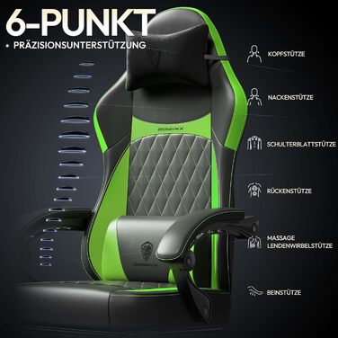 Ігрове крісло Dowinx, гоночне ігрове крісло, ергономічне ігрове крісло з поперековою опорою, ігрове крісло зі штучної шкіри 150 кг, зелене